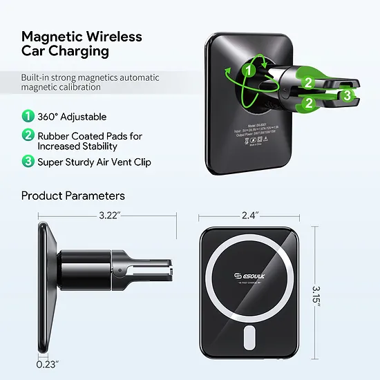 Esoulk - 15W Magnetic Wireless Charger Air Vent Phone Holder [EK-6001BK] - Black