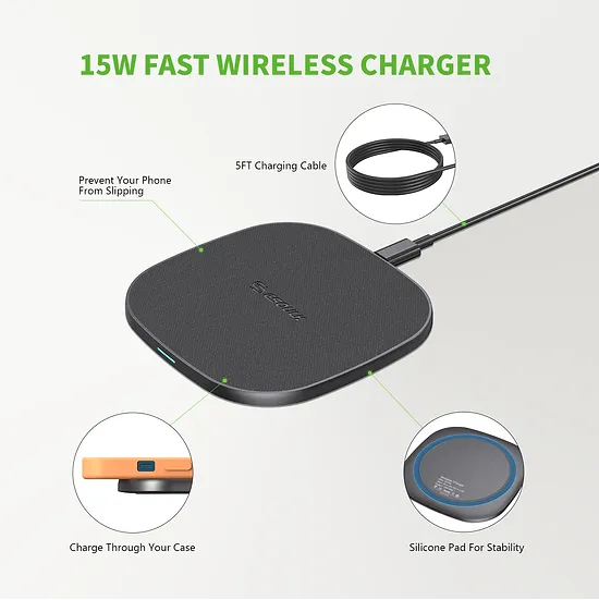 ESOULK - Qi 15W Fast Wireless Charging Pad with Charging Cable 5FT [EW06]- Black