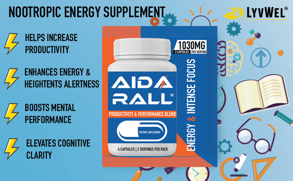 LyvWel Aidarall Intense Focus Capsules - Premium Brain Booster for Laser Focus, Energy & Enhanced Memory - 20-Pack (40 Servings)