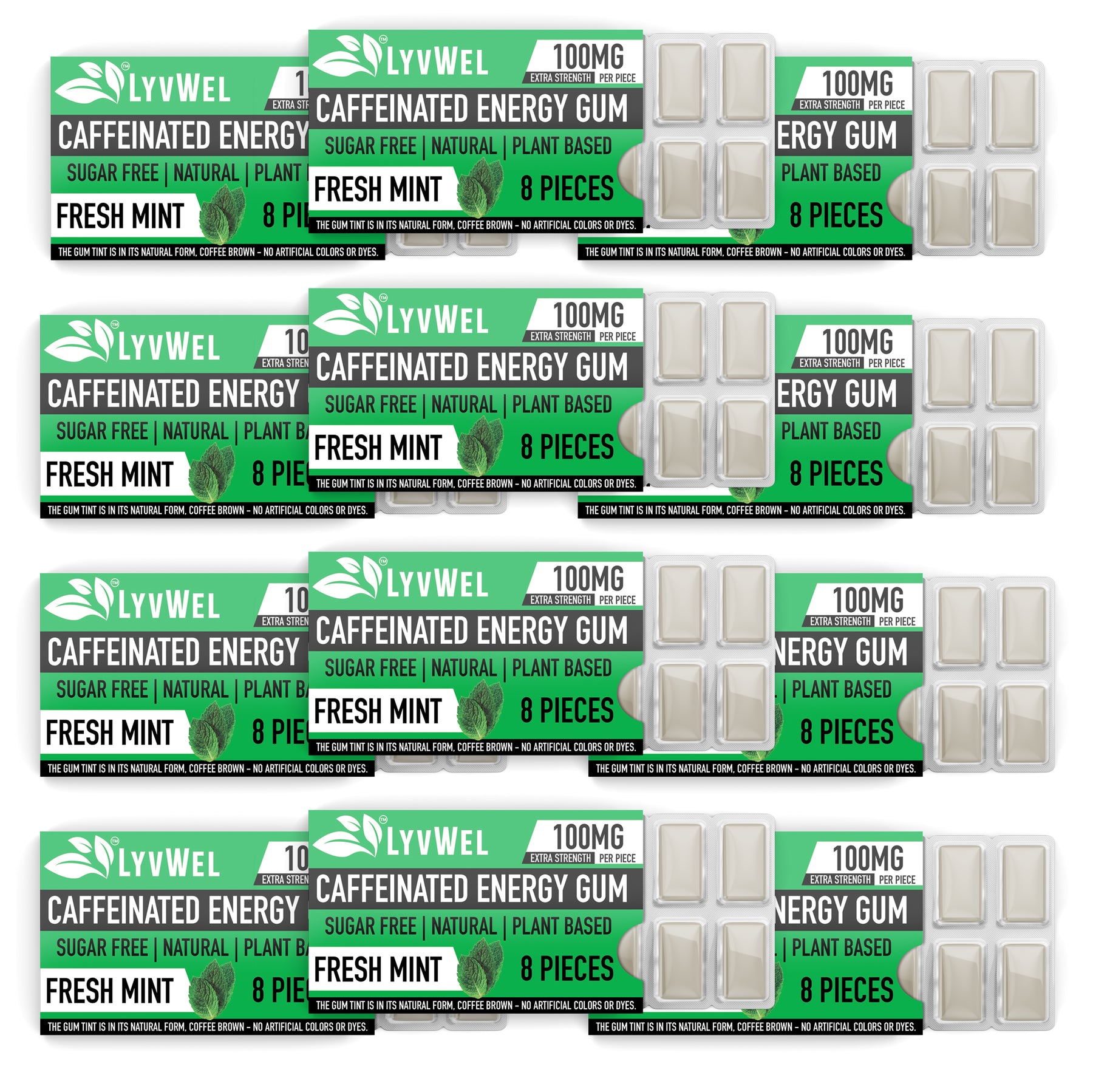 12 packs of Fresh Mint LyvWel Caffeinated Nootropic Energy Gum