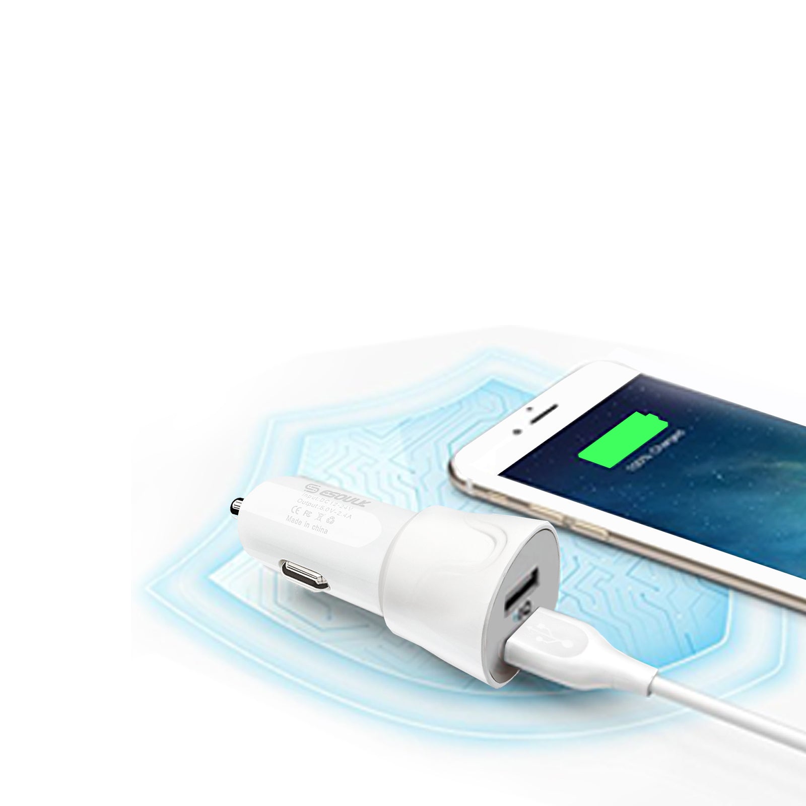 Esoulk Iphone 2-Port Car Charger with 5feet Cable - White