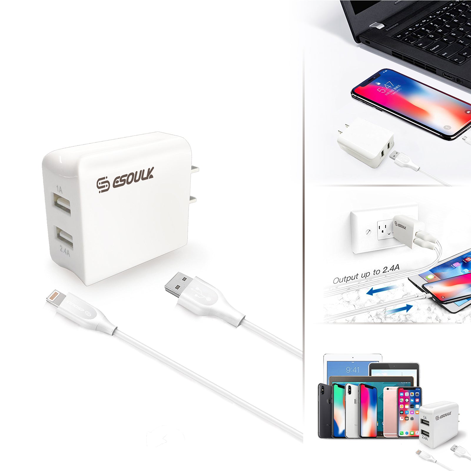 Esoulk Iphone 2-Port Home Charger with 5feet Cable - White