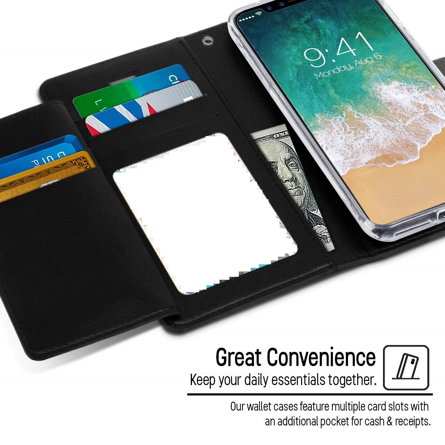 Iphone 7 / 8 / SE Wallet Flip Case with Card Slots Black