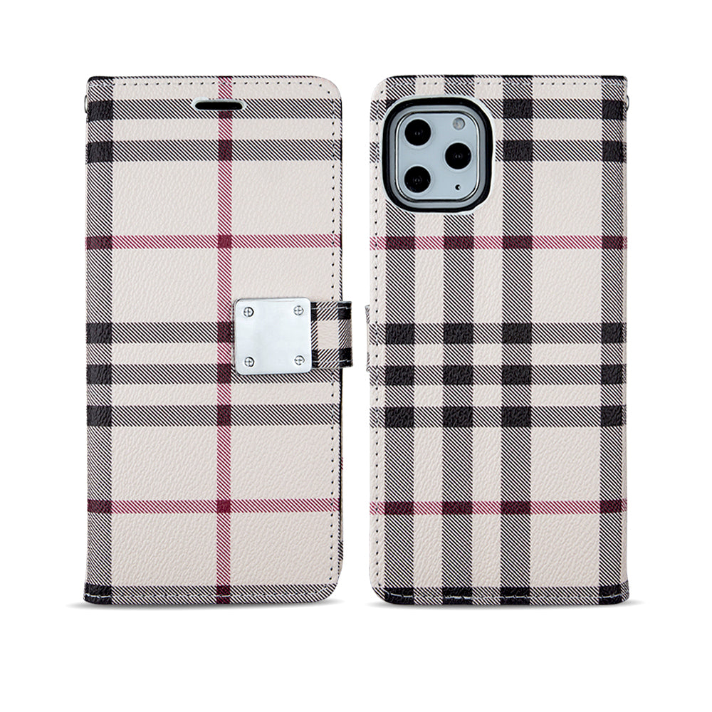 Iphone 11Pro Max (6.1 Inch) Checkered Design Wallet Flip Case With Card Slots Beige