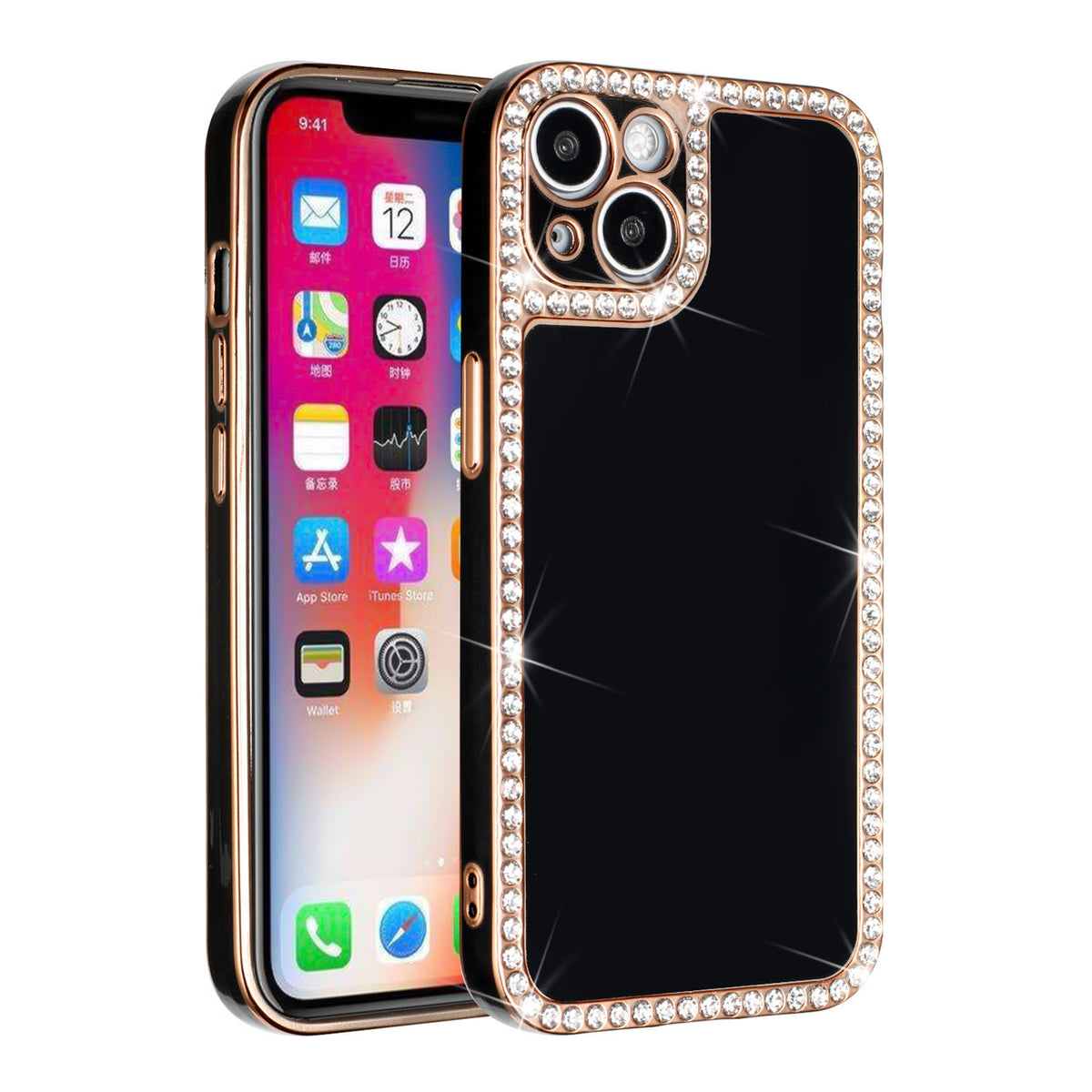 Iphone 13Pro (6.1 Inch) Diamond Border Case with Camera Lens Cover Black