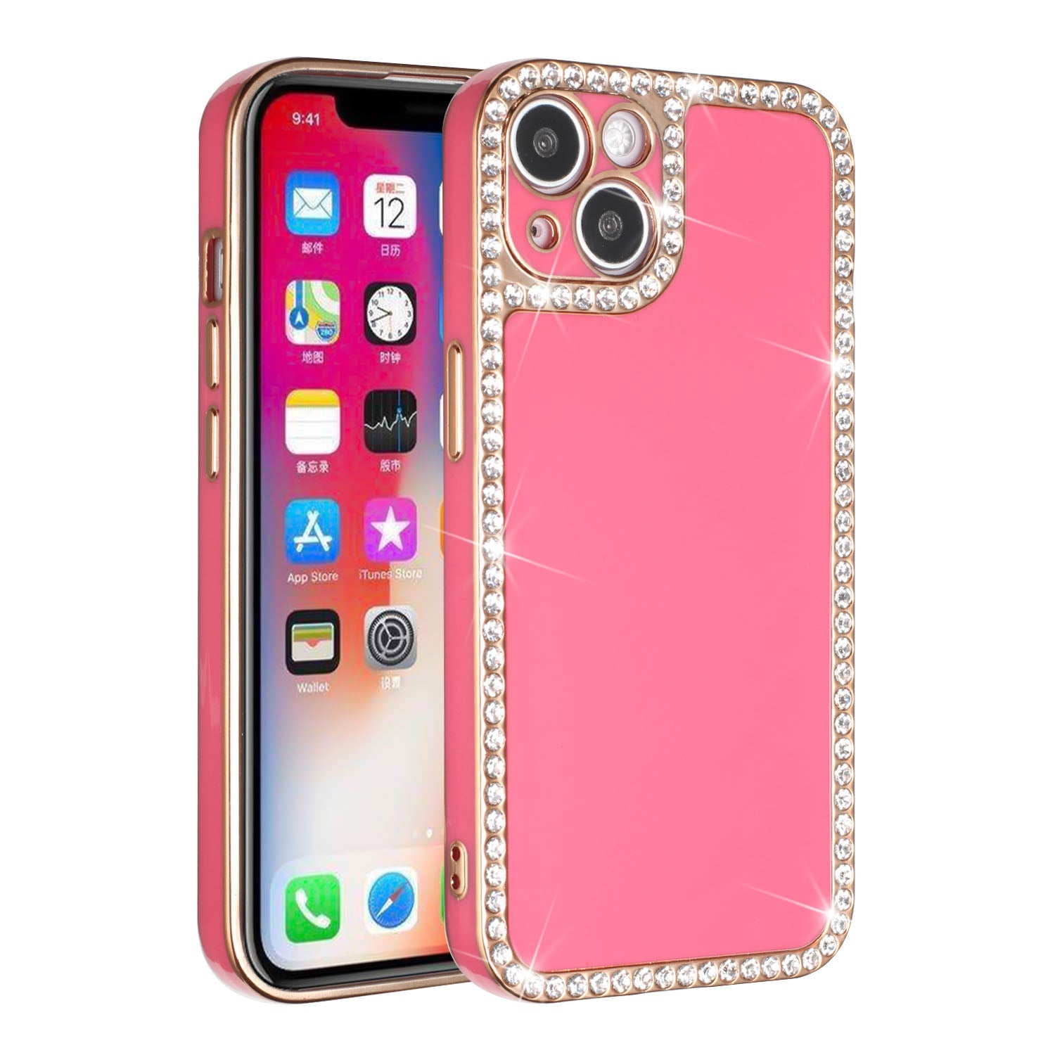 Iphone 13Pro (6.1 Inch) Diamond Border Case with Camera Lens Cover Pink