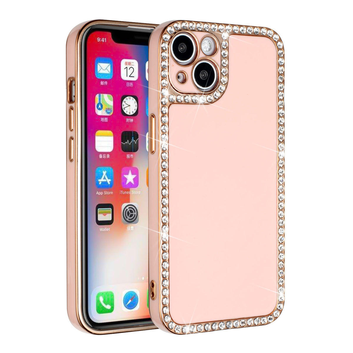 Iphone 13Pro (6.1 Inch) Diamond Border Case with Camera Lens Cover Rose Gold