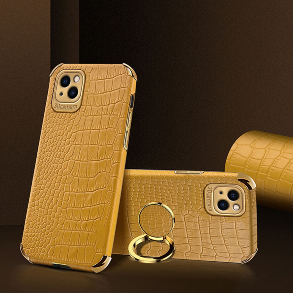 Iphone 13Pro Max (6.5Inch) Leather Snake Skin Ring Case Mustard