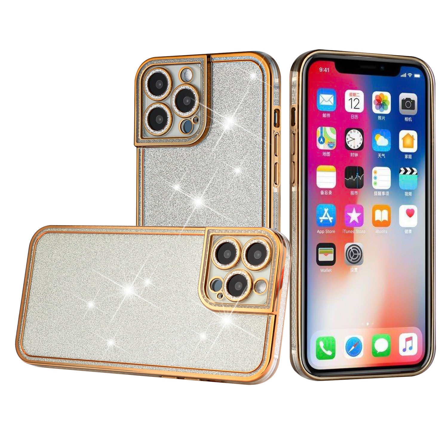 Iphone 13Pro Max (6.7Inch) Shimmer Case with Camera Lens Cover and Border Gold