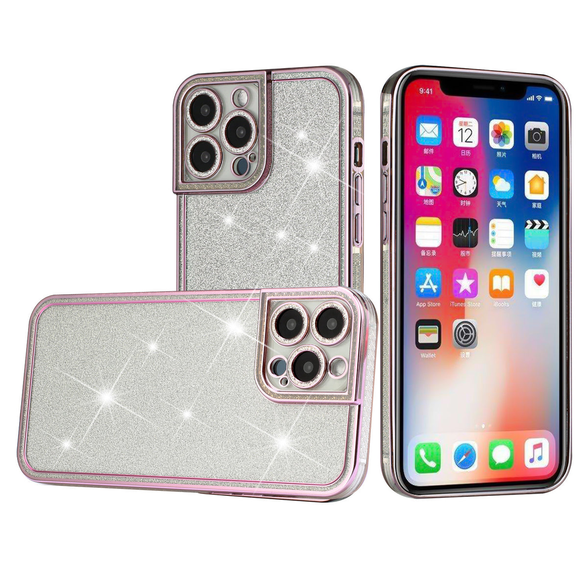 Iphone 13Pro Max (6.7Inch) Shimmer Case with Camera Lens Cover and Border Rose Gold