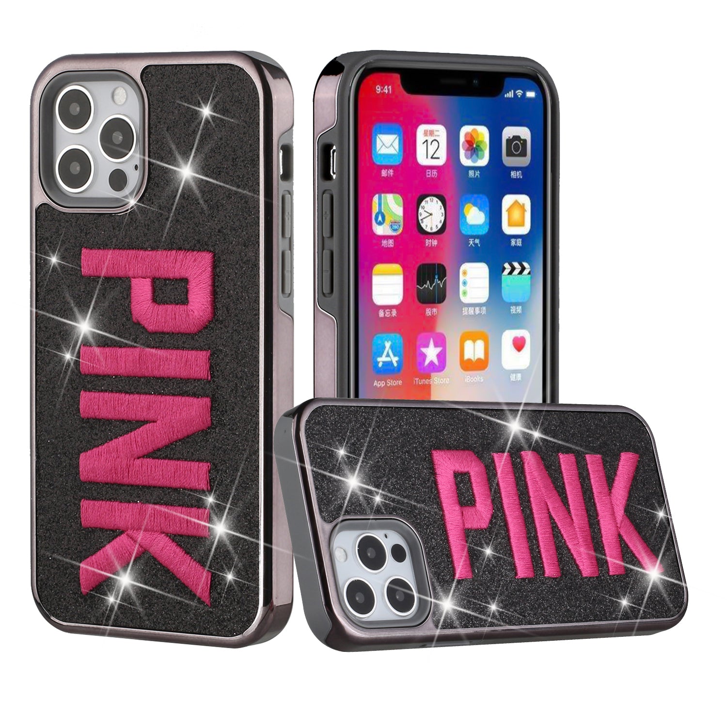 Iphone 7 / 8 / SE Shimmer Text PINK Case on Black